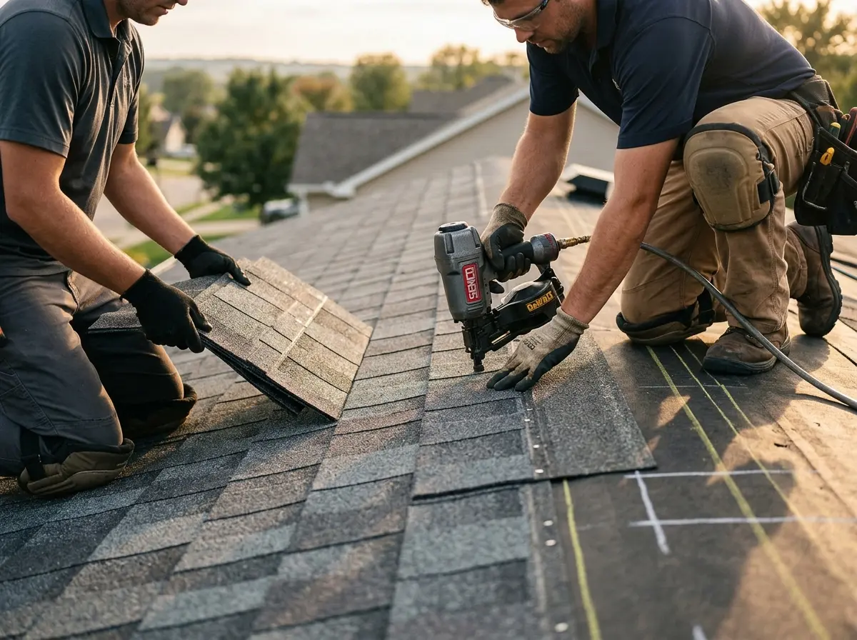 Professional roofer working on a residential roof in Grove City